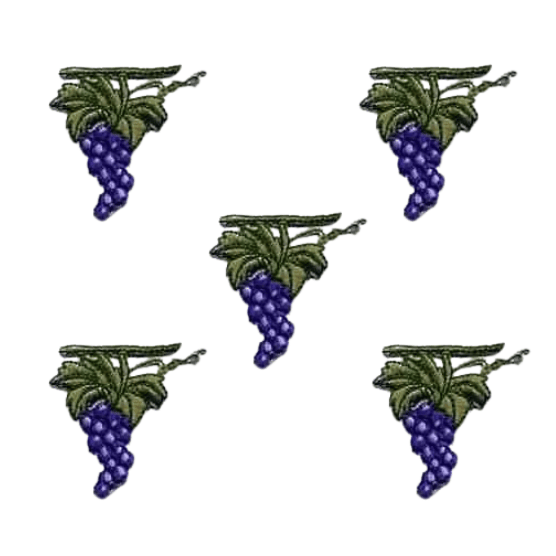 The LaughingLizards Cluster of Grapes (5-Pack) Fruit Iron On Patch features five embroidered grape cluster patches with green leaves, ideal for applique or as iron-on accents.
