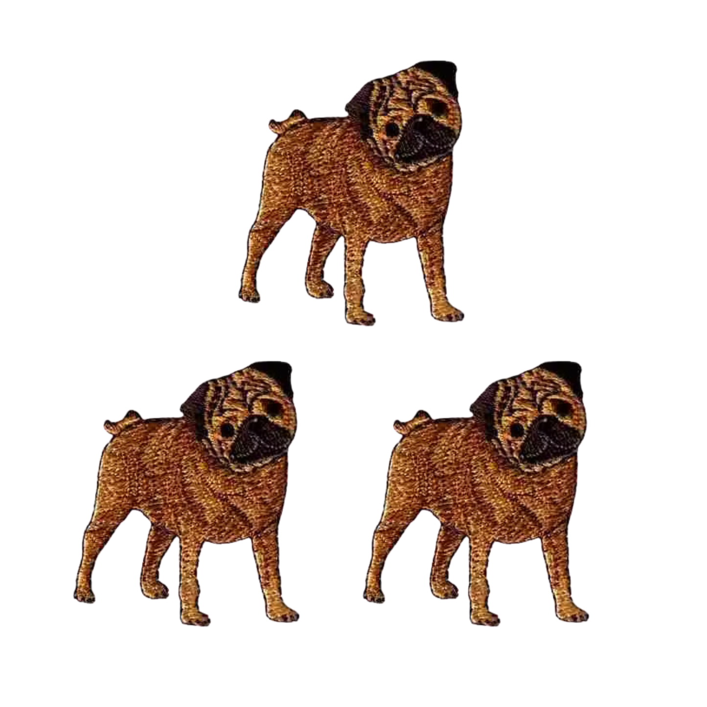 Three Laughing Lizards Pug Dog (3 Pack) iron-on patches are displayed in a triangular arrangement on a white background.