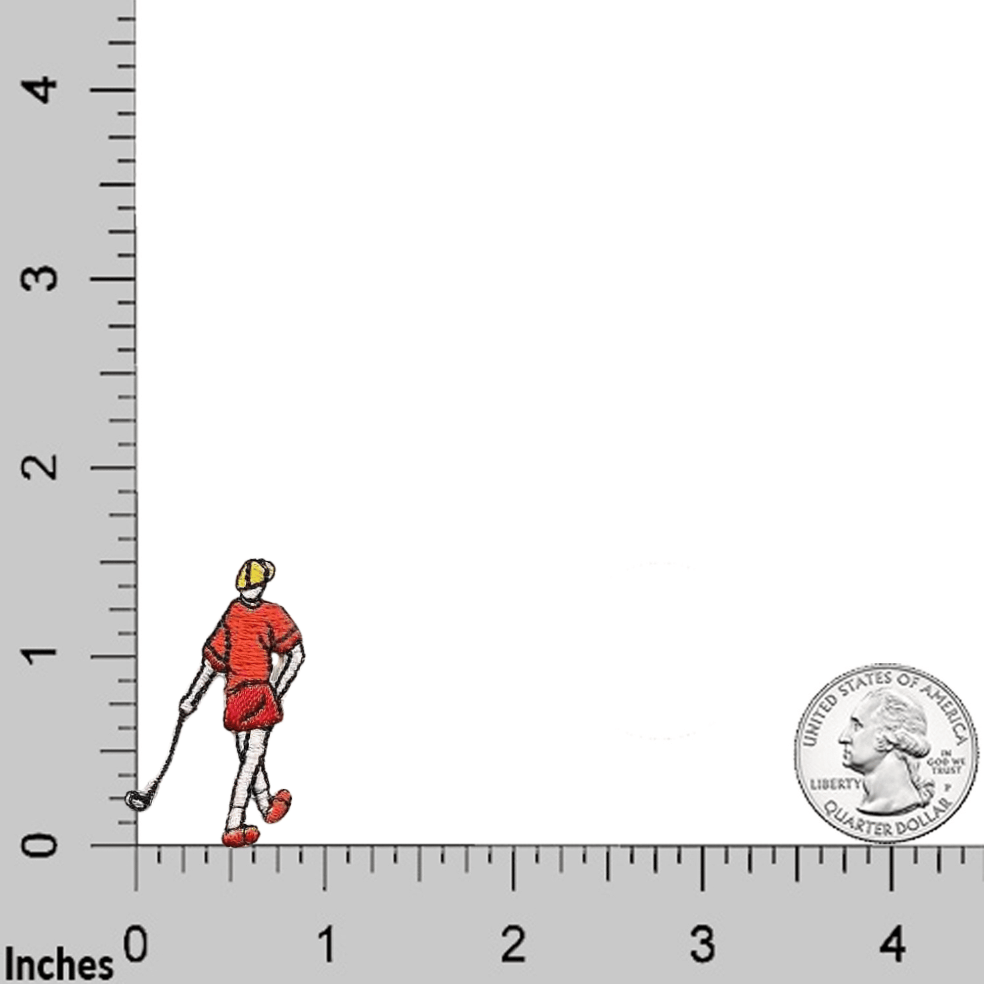 The Laughing Lizards Tiny Golfer in Orange (5-Pack) Iron on Patch shows a golfer with a club by the 0-inch mark on a ruler; a US quarter at 4 inches provides size reference—a fun, DIY accessory for decorating.