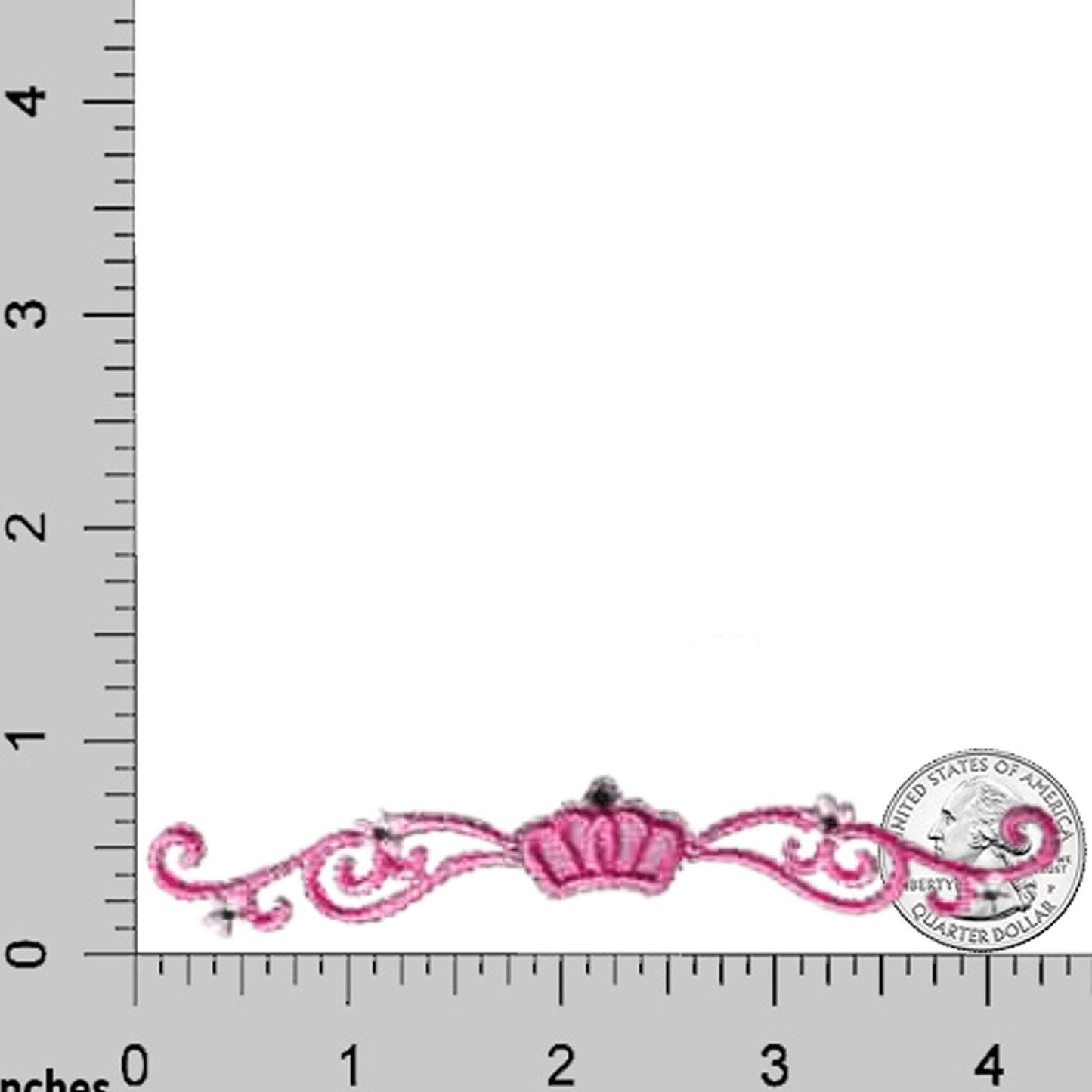 The Laughing Lizards Princess Crown with Bling (2-Pack) Iron On Patch features decorative embroidery—shown beside a ruler and US quarter for scale—making it a perfect DIY craft accessory.