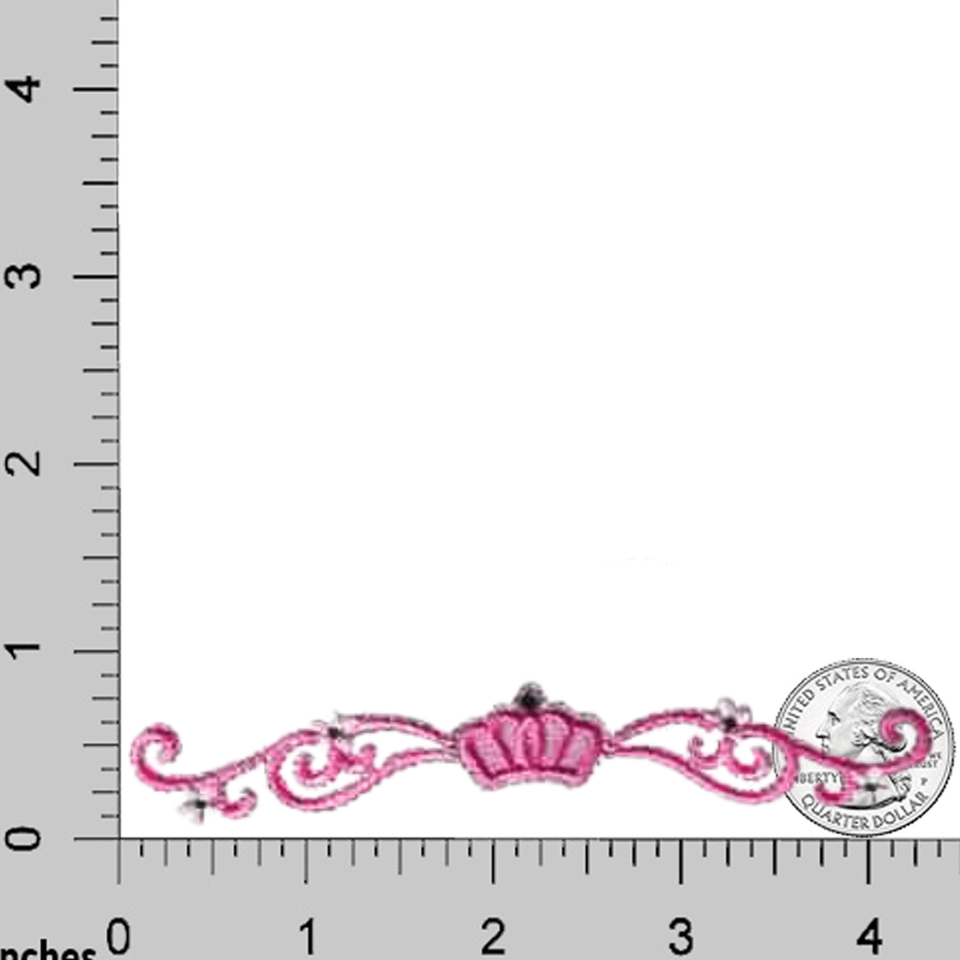 The Laughing Lizards Princess Crown with Bling (2-Pack) Iron On Patch features decorative embroidery—shown beside a ruler and US quarter for scale—making it a perfect DIY craft accessory.