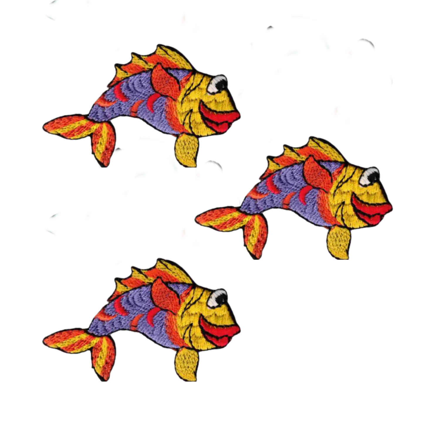 The Bubba Lips Fish (3-Pack) Iron On Patches by Laughing Lizards feature colorful cartoon-style yellow, red, purple, and black fish appliques displayed on a plain white background.