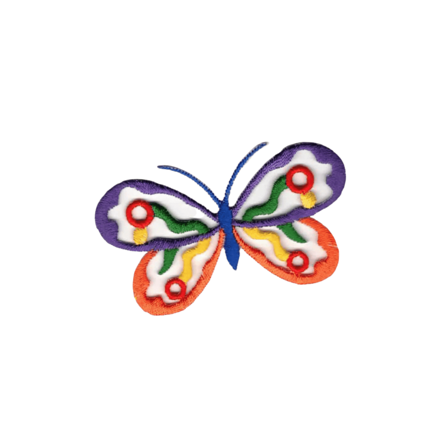 Add vibrant flair to jackets, bags, or hats with the Laughing Lizards Bright Colored Cut Out Butterfly (3-Pack) Iron on Patch—featuring purple, orange, green, yellow, and red embroidery on a white background.