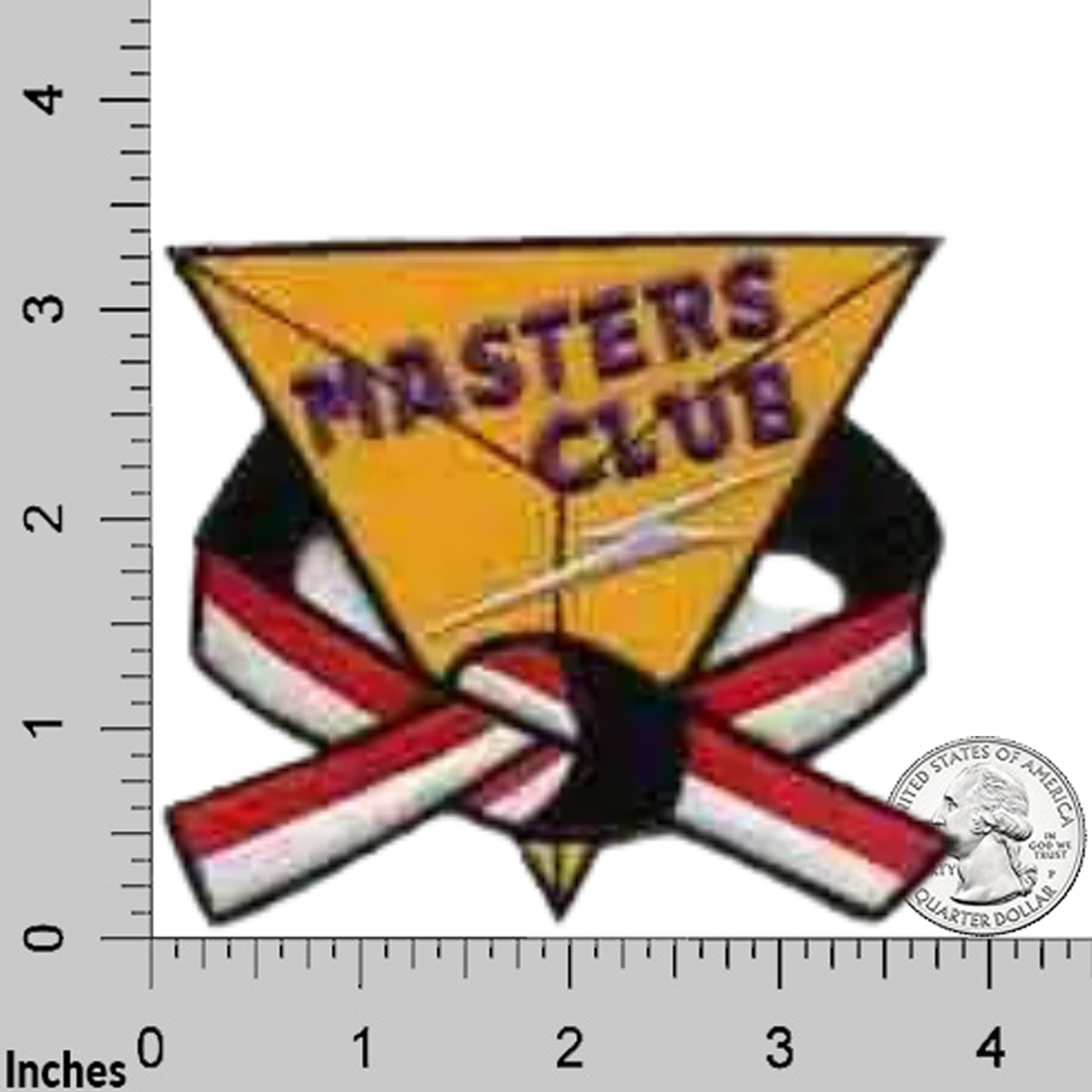 The LaughingLizards Masters Club Martial Arts (3-Pack) Iron On Patch features a yellow triangle design with black, white, and red ribbon, shown beside a quarter and ruler for scale.