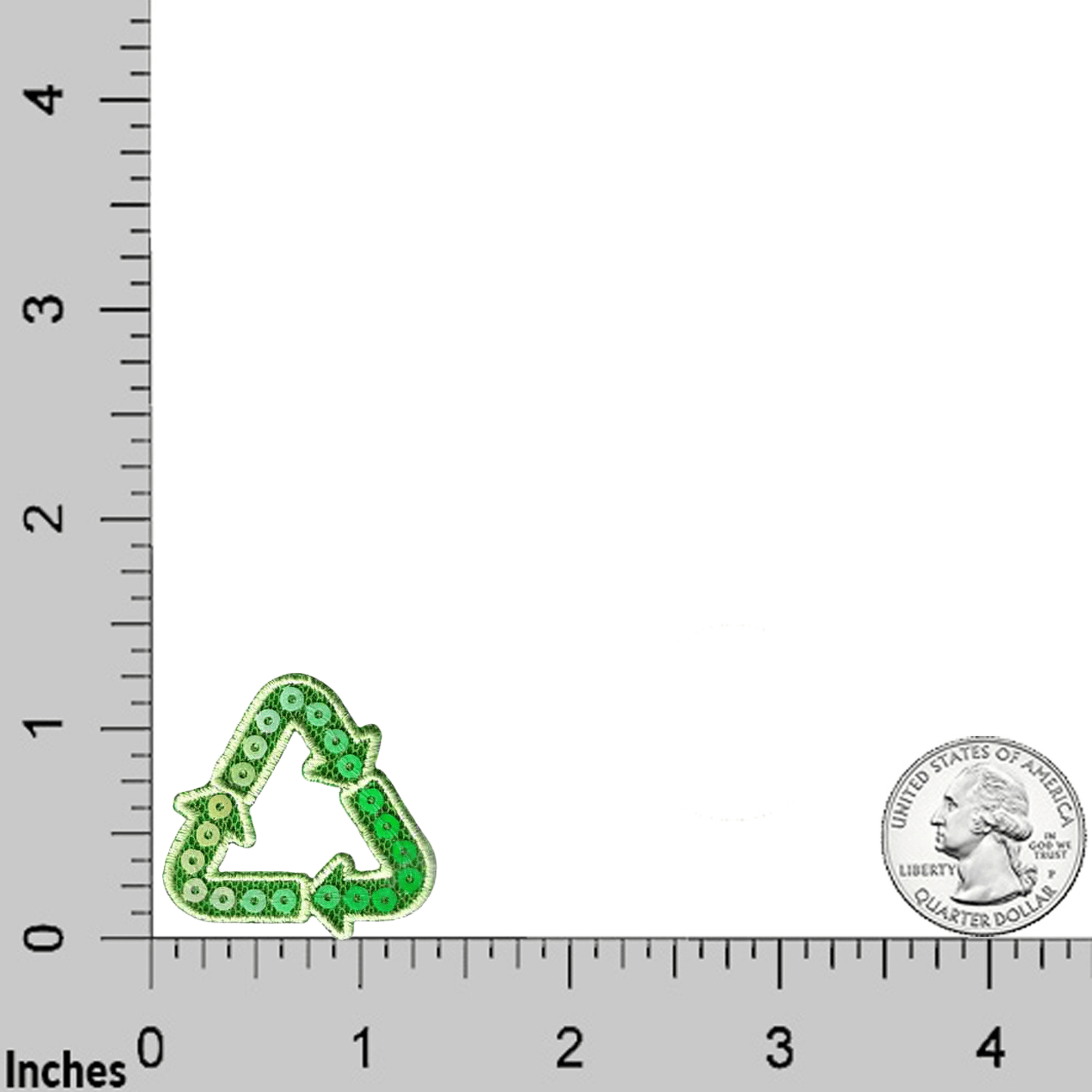 A Laughing Lizards Int'l Recycling Symbol Ecology (5-Pack) Iron On Patch in green is shown next to a US quarter on a grid with inch measurements.
