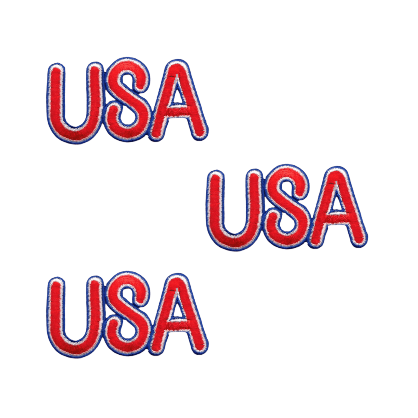 The Laughing Lizards USA Patriotic (3-Pack) Iron on Patch features three red “USA” patches with blue and white outlines, ideal for showing your pride on jackets, bags, and more.