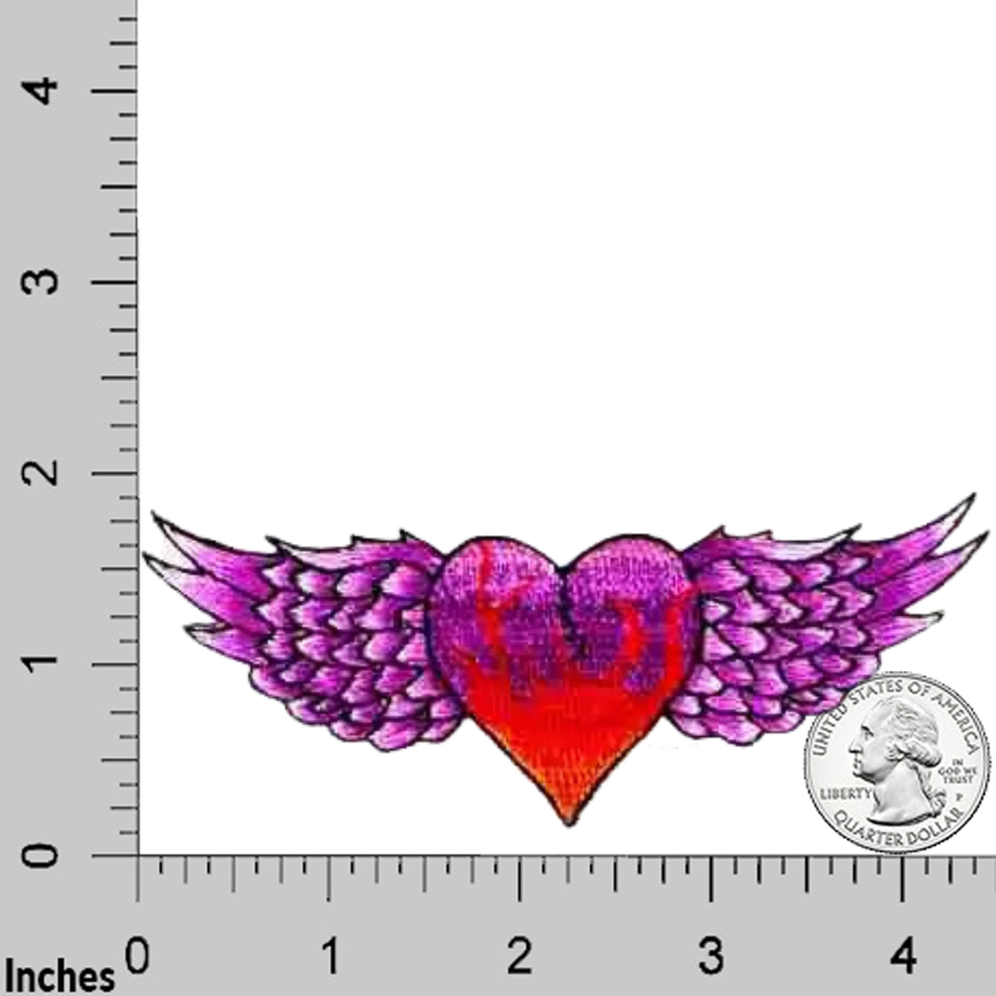 The Laughing Lizards Red and Purple Winged Heart (2-Pack) Iron On Patch, about 4 inches wide, is shown on a ruler with a U.S. quarter for scale—ideal as a unique DIY craft or embroidered accessory.