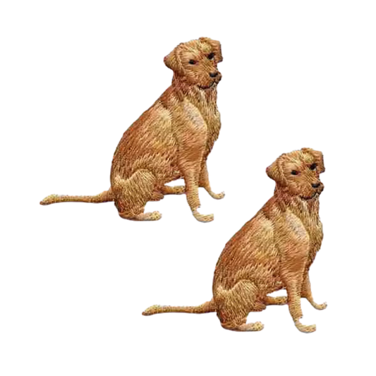 The Laughing Lizards Golden Retriever (2 Pack) Iron on Patch features two embroidered golden retriever dogs facing forward, making a perfect gift for any pet lover.