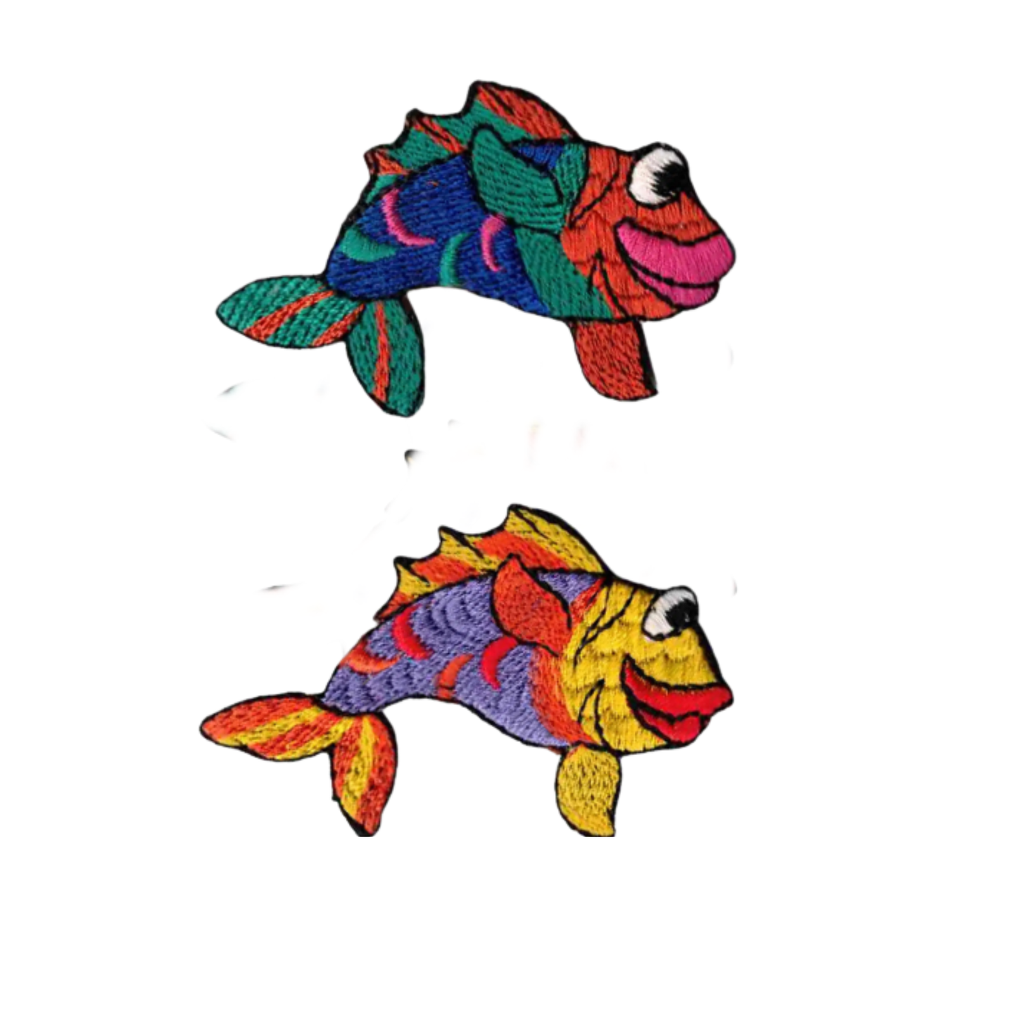 The Laughing Lizards Bubba Lips Fish (3-Pack) Iron On Patches in multiple colors add a fun, playful touch to clothes or accessories. The set features vibrant cartoon fish designs, perfect for customizing your style.