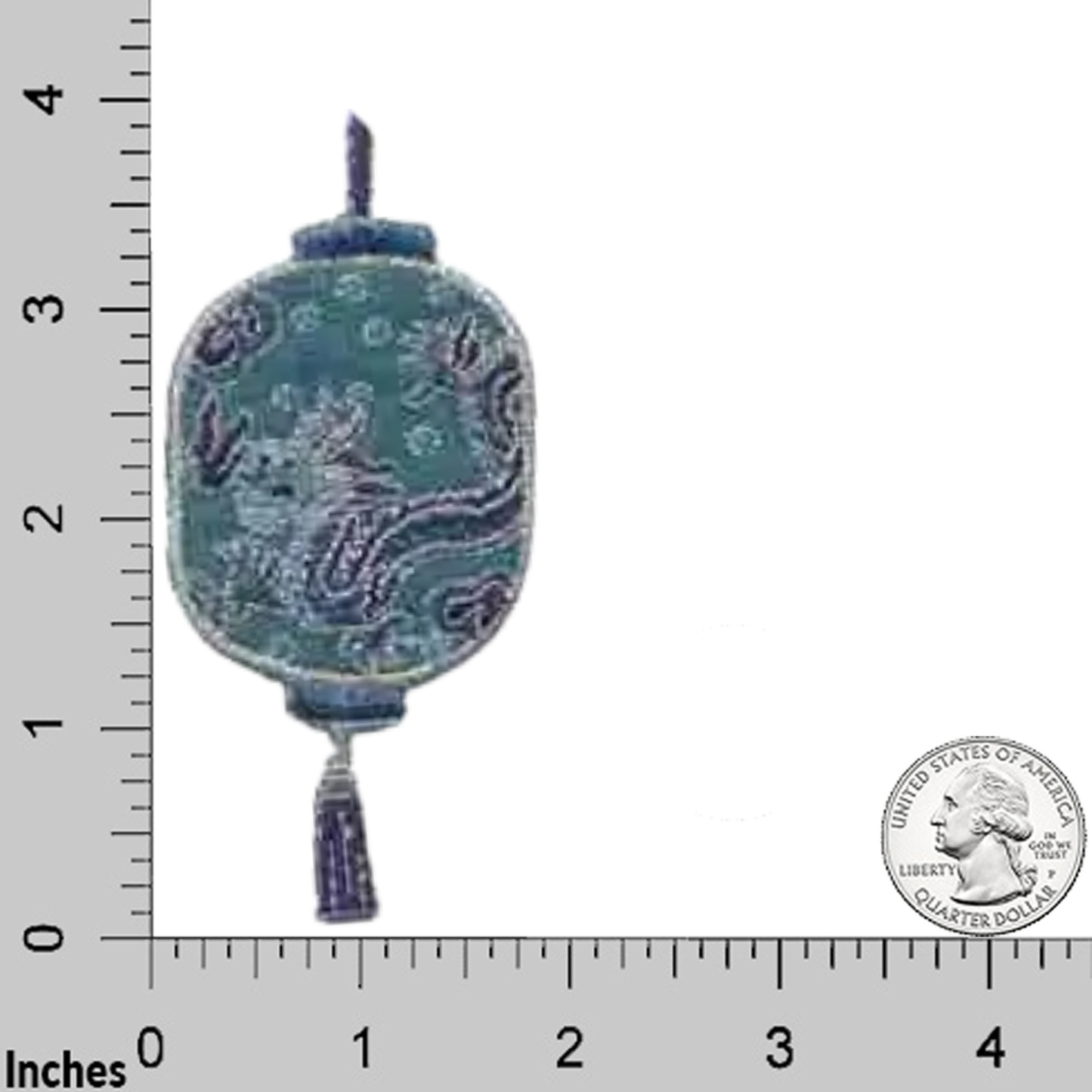 The LaughingLizards Oriental Hanging Lamp (2Pack) Iron On Patch, featuring a decorative blue lantern with a dragon design, is shown next to a U.S. quarter for scale—ideal for DIY crafts. Inch markings are along the left and bottom edges.