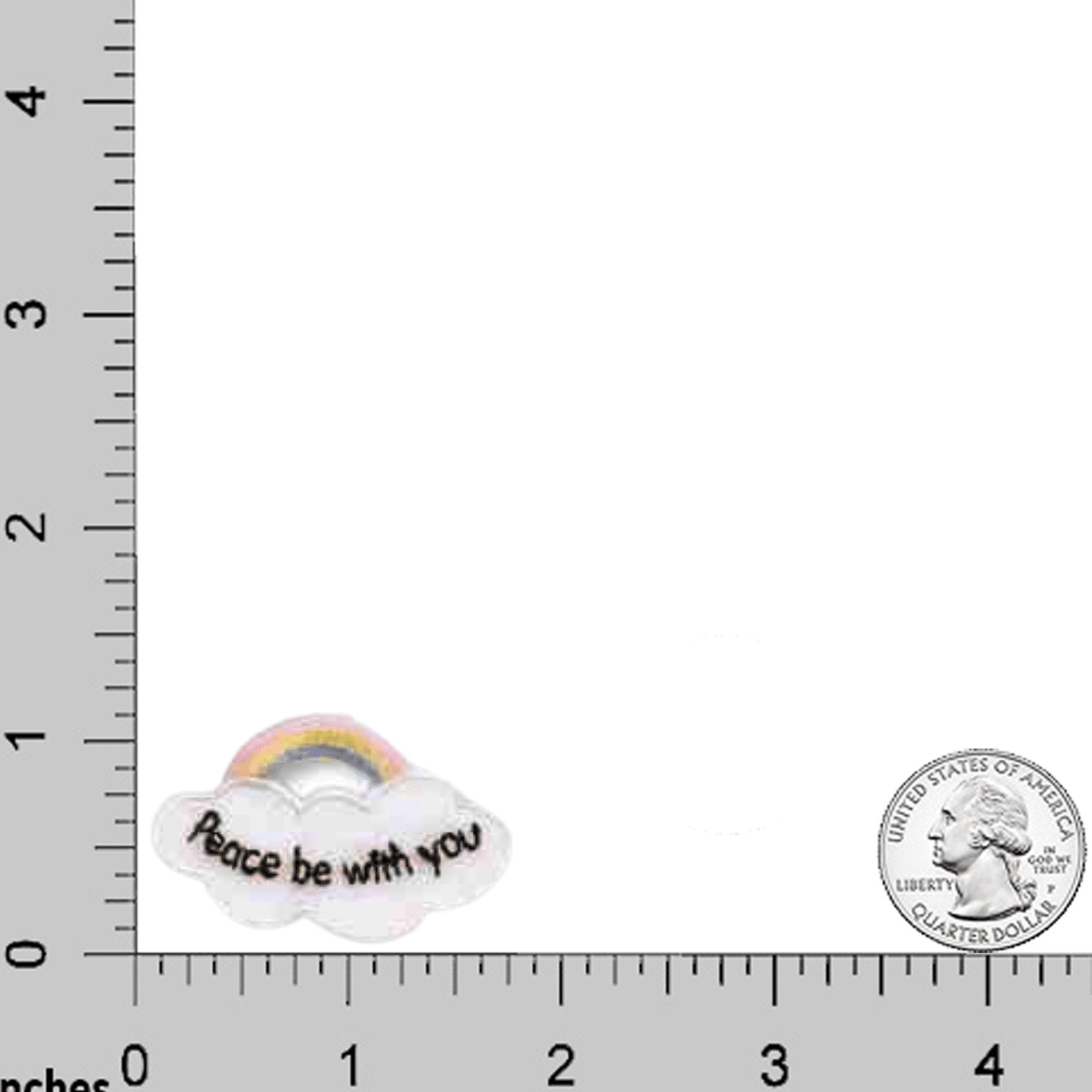 The Laughing Lizards Rainbow Cloud with "Peace Be With You" embroidered iron-on patches (5-pack) are shown beside a U.S. quarter and inch rulers for scale—ideal as thoughtful Christian gifts or uplifting decorations.