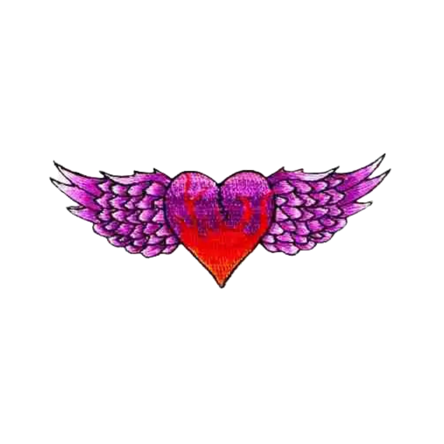 Laughing Lizards Red and Purple Winged Heart Iron On Patch (2-Pack) features a red heart with purple wings on a white background, ideal for DIY crafts or personalizing your clothing and accessories.