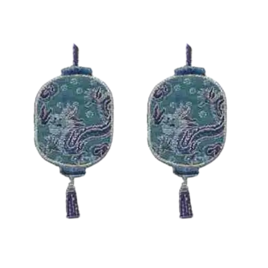 Two Oriental Hanging Lamp (2Pack) Iron On Patches by LaughingLizards, featuring teal lanterns with dragon designs and blue tassels—perfect as DIY craft inspiration or a unique embroidered accessory.