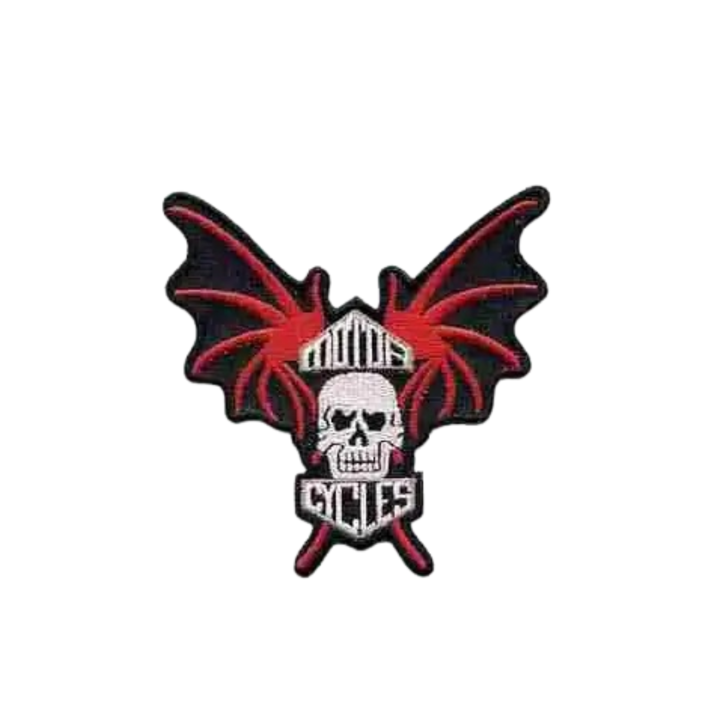 LaughingLizards Bat Wing Motorcycle Skull (2-Pack) Iron On Patch features a spiked helmet, red and black bat wings, and "CYCLES"—ideal for bikers’ jackets or gear.