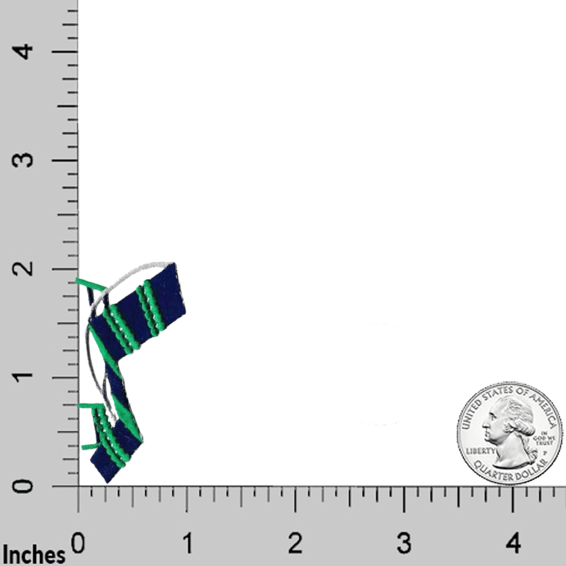 A LaughingLizards Beach Chair (3-Pack) Iron On Patch, featuring a small blue-green rectangular lounge chair, is shown near the 0-inch mark on a ruler with a U.S. quarter for scale.