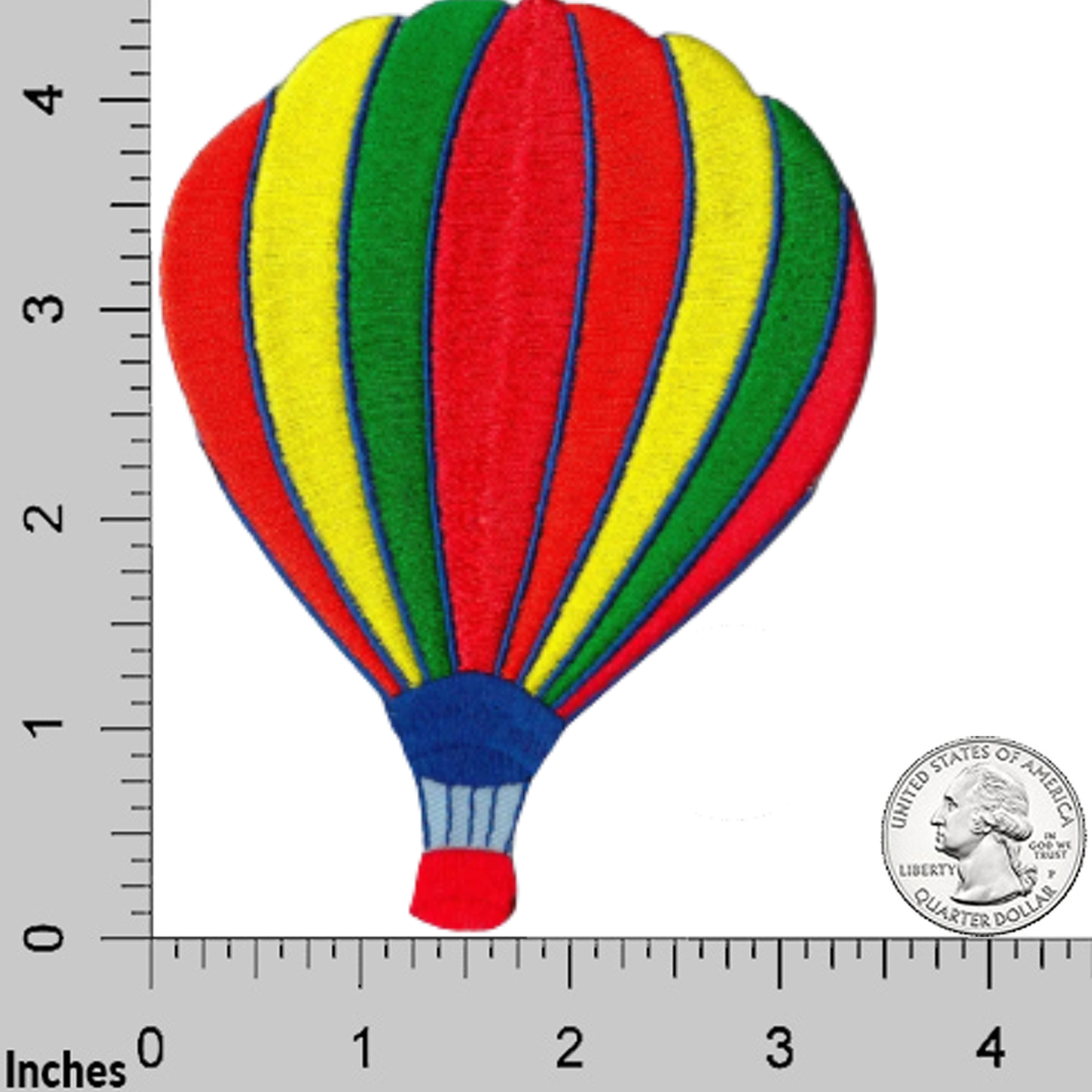 The Laughing Lizards Large Hot Air Balloon Iron On Patch (2-Pack, 2 Colors) is shown next to a ruler and a U.S. quarter for scale; each applique measures about 3.5 inches tall.