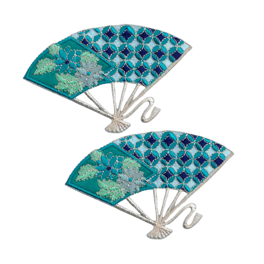 Enhance your garments with Oriental Fan (2-Pack) Iron On Patch by LaughingLizards—two embroidered patches shaped like handheld fans, featuring blue geometric and green floral designs for an elegant Asian-inspired accent.