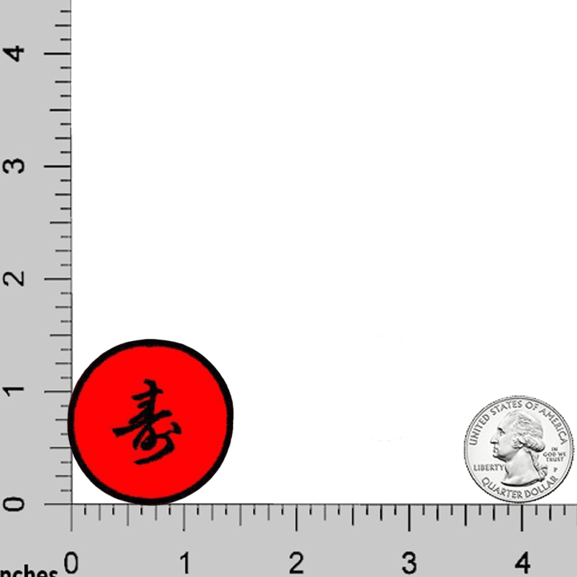 A Laughing Lizards "Longevity" embroidered iron-on patch (round, red with a black emblem) is shown by the 1-inch mark; a U.S. quarter sits at 3.5 inches for scale on a ruler grid. Sold in a 4-pack.