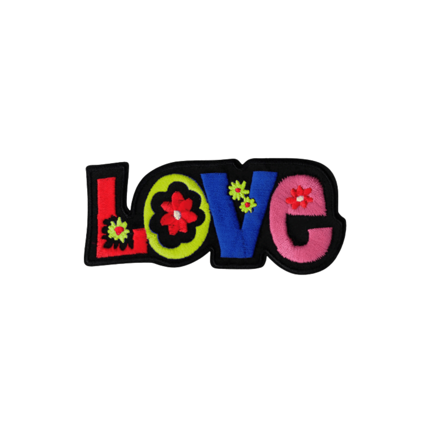 The Laughing Lizards LOVE With Flowers (2-Pack) Iron On Patch features colorful embroidered "LOVE" letters with floral accents on white—ideal for your next DIY craft accessory.