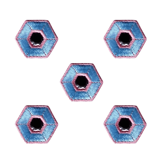 Five Laughing Lizards "Pink and Blue Hexagon with Mirror Center" iron on patches (5-pack) are arranged in a pattern on a white background.