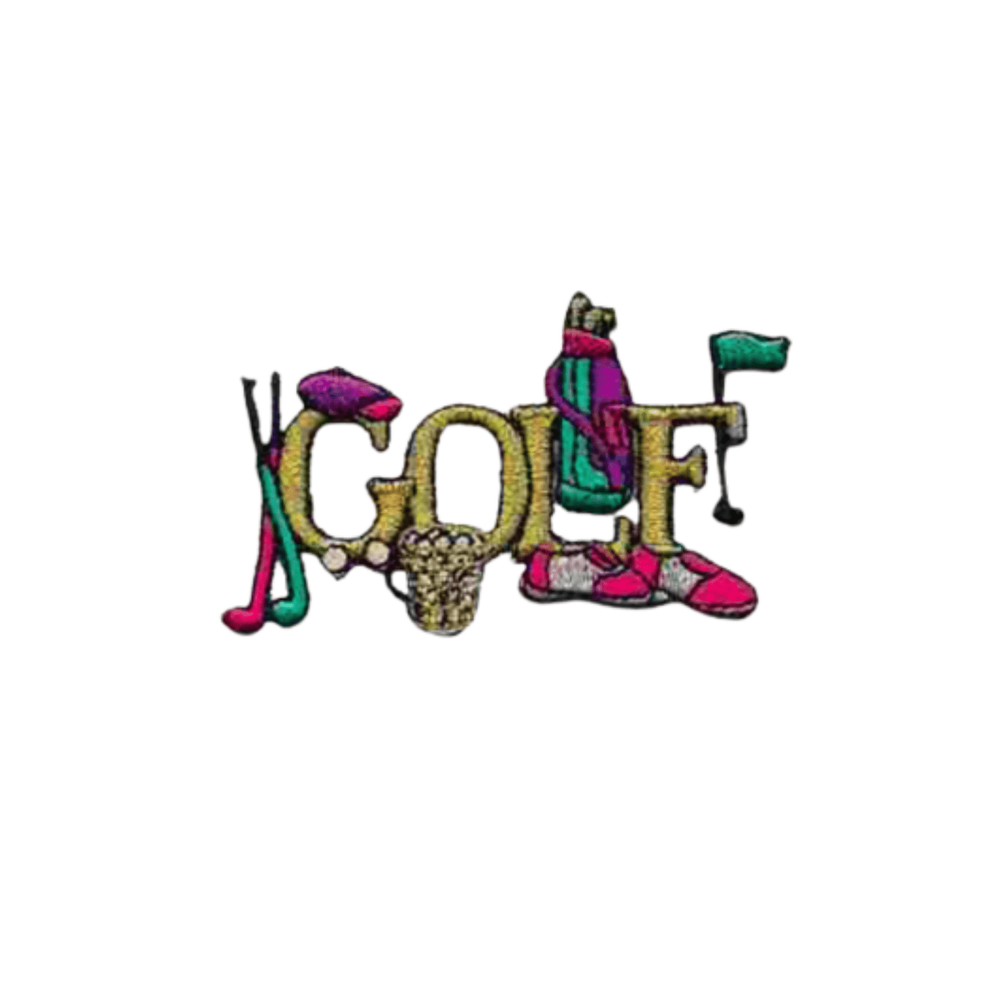 The product "Golf with Purple Accessories Patches (2-pack) Sport Embroidered Iron On Patch Appliques" is embroidered on a white background.