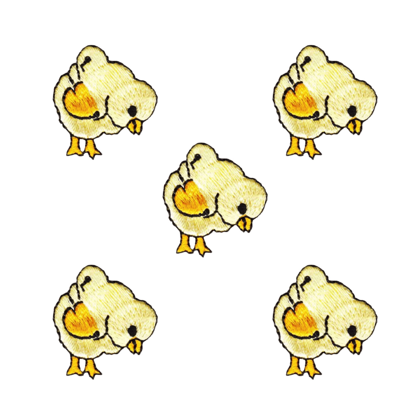 LaughingLizards’ Chick Feeding (5-Pack) Farm Animal Iron On Patch features five illustrated yellow chicks on white—ideal as cute Easter or baby chicken appliques for crafts.