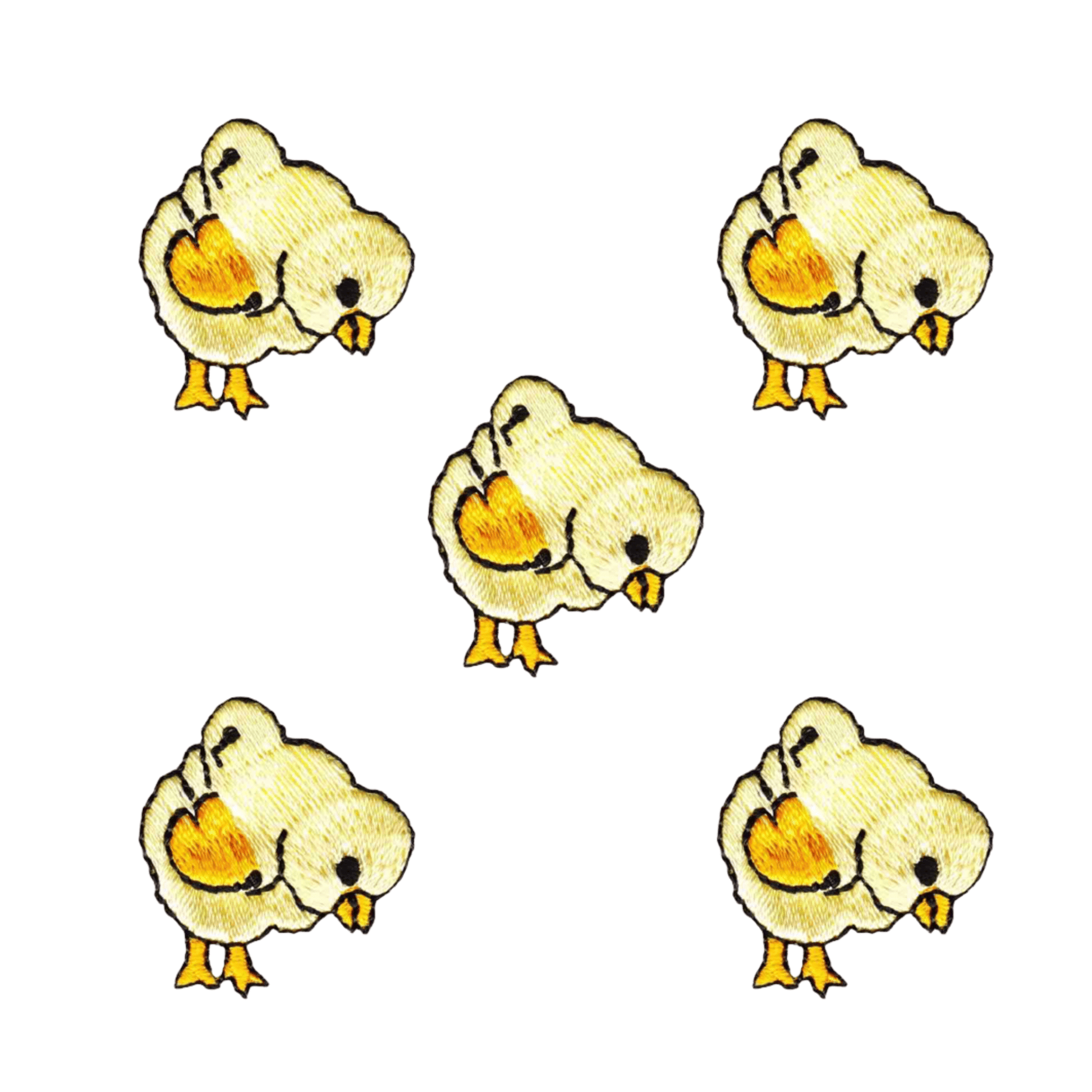 LaughingLizards’ Chick Feeding (5-Pack) Farm Animal Iron On Patch features five illustrated yellow chicks on white—ideal as cute Easter or baby chicken appliques for crafts.