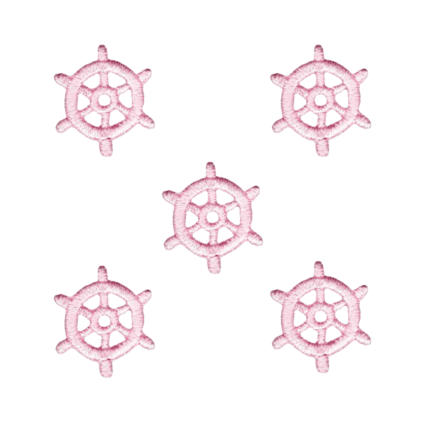 Five Tiny Nautical Wheel (5-Pack) Iron On Patches in pink by Laughing Lizards, arranged on a white background, highlight a charming marine theme.