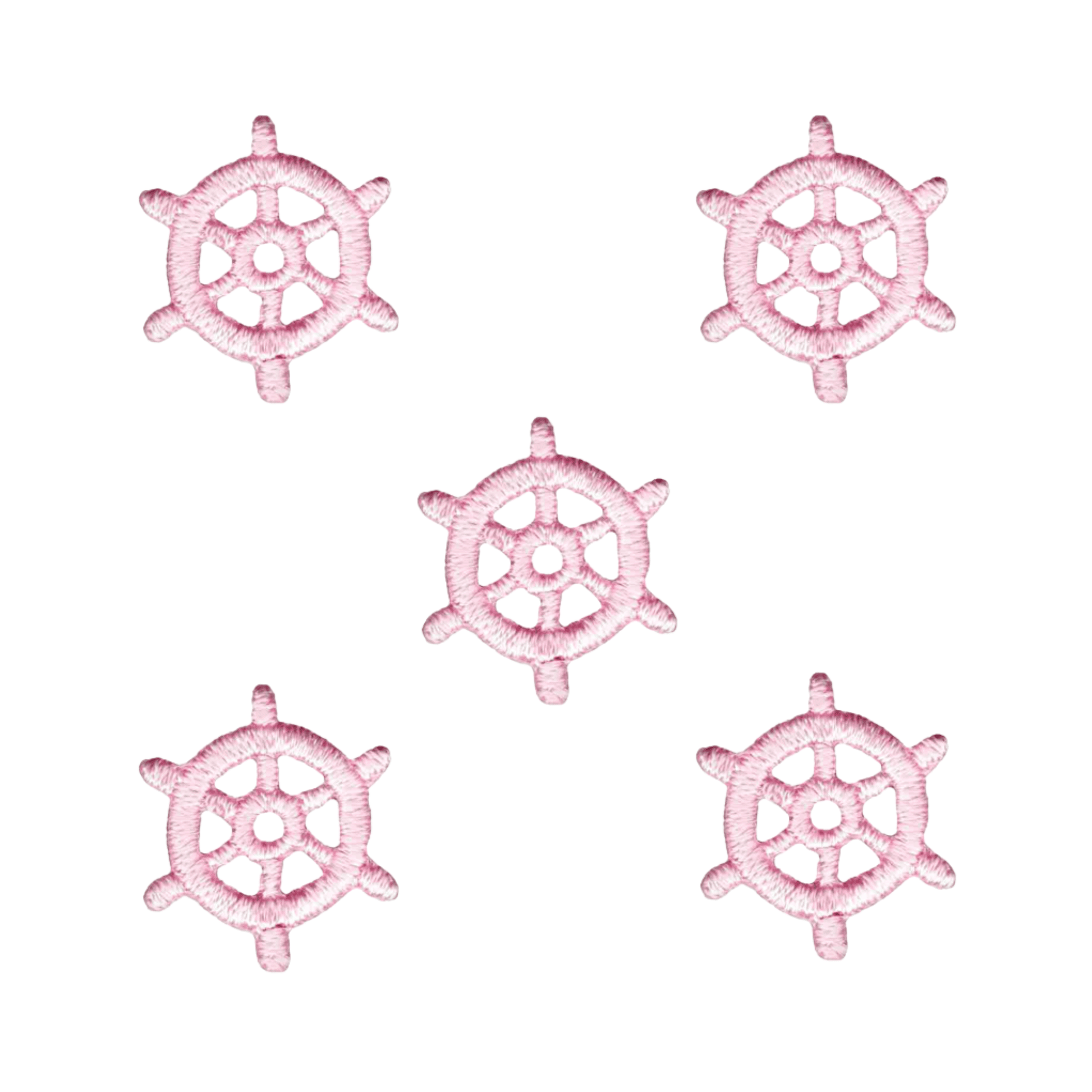 Five Tiny Nautical Wheel (5-Pack) Iron On Patches in pink by Laughing Lizards, arranged on a white background, highlight a charming marine theme.