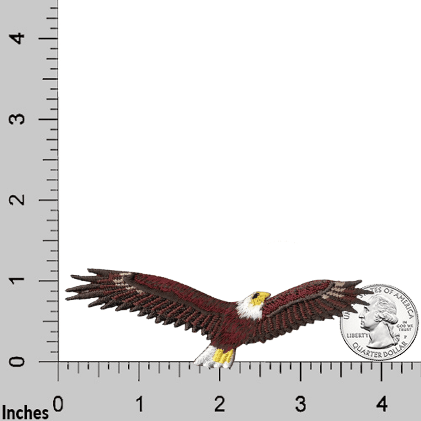 The LaughingLizards American Bald Eagle in Flight Iron On Patch (3-Pack) features an embroidered eagle with outstretched wings, shown next to a U.S. quarter and ruler for scale. Each patch measures about 4 inches wide.