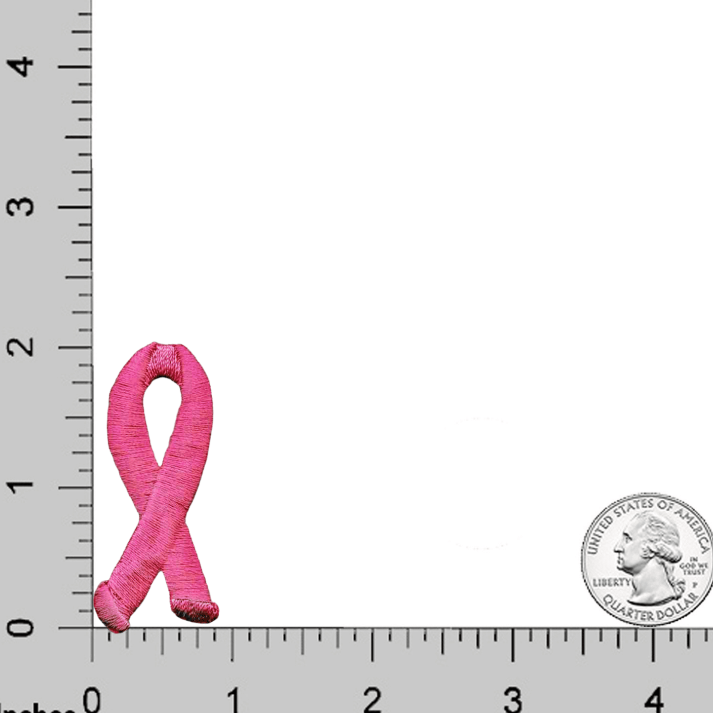 A Breast Cancer Patches (5-Pack) Awareness Embroidered Iron On Patch Applique 2" is shown next to a ruler.