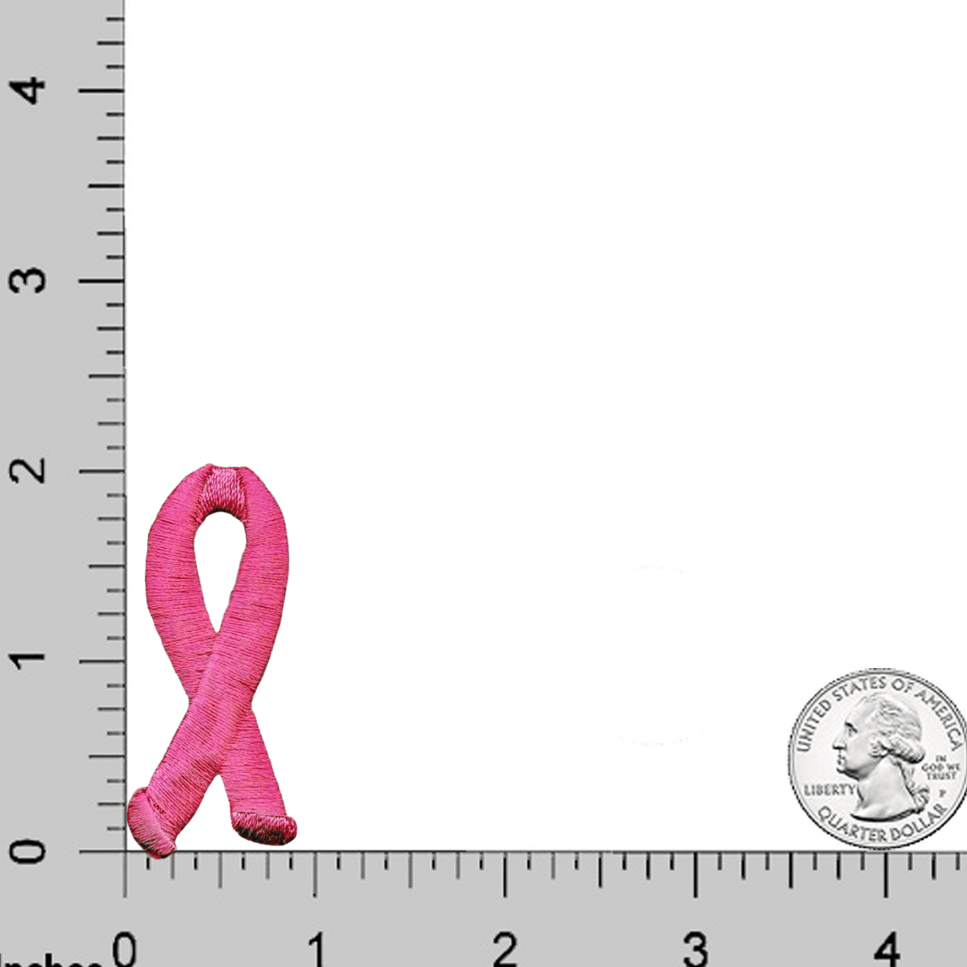 A Breast Cancer Patches (5-Pack) Awareness Embroidered Iron On Patch Applique 2" is shown next to a ruler.