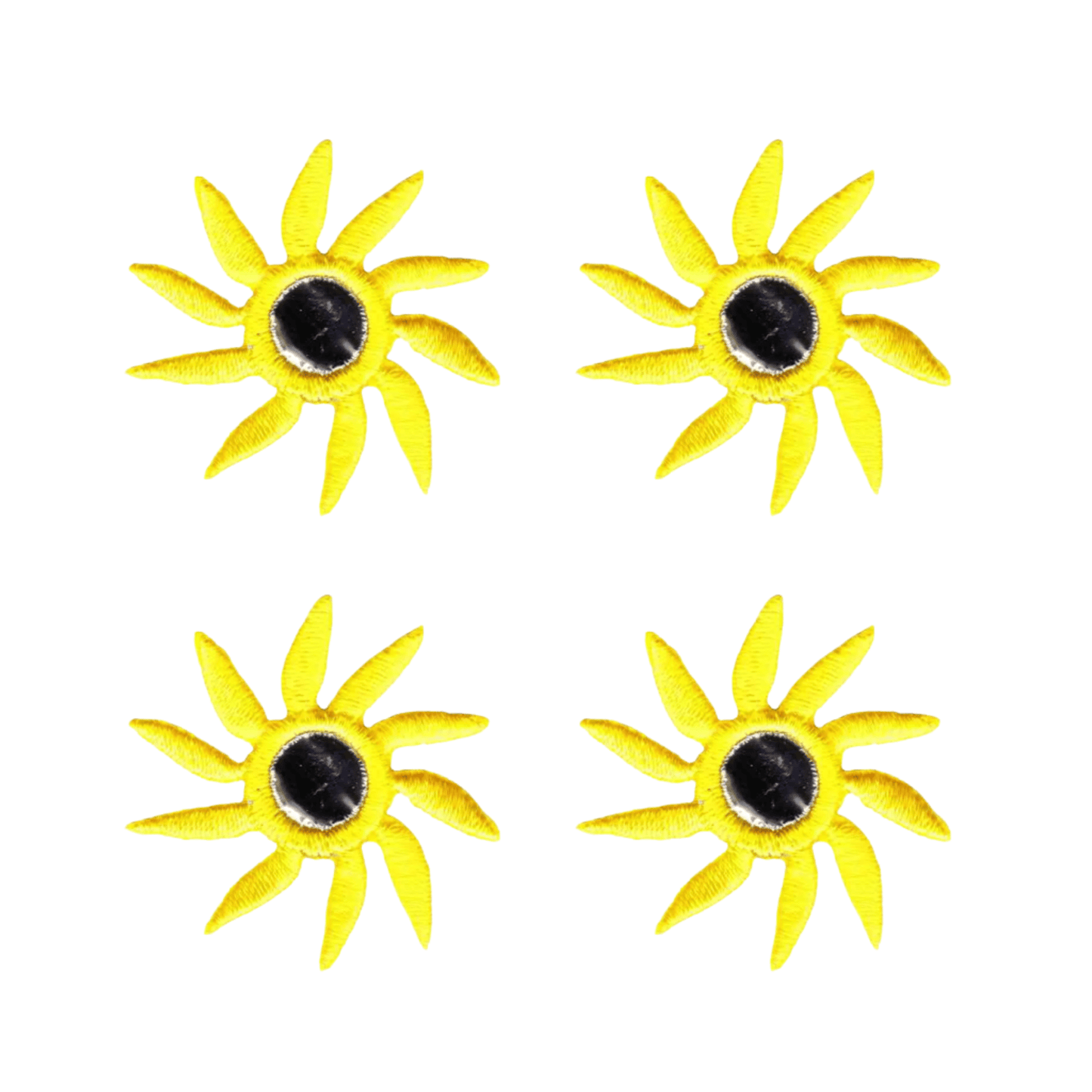 The Laughing Lizards Mirrored Spiral Flower (4-Pack) Iron On Patch features four yellow flower appliques with black centers in a 2x2 grid, perfect for handmade craft decoration or adding flair to your projects.