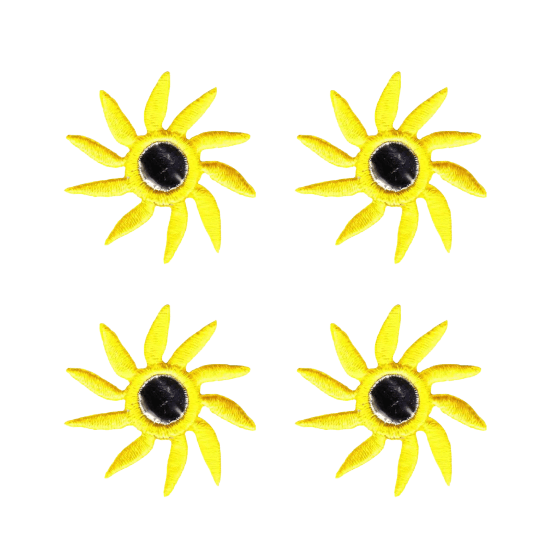 The Laughing Lizards Mirrored Spiral Flower (4-Pack) Iron On Patch features four yellow flower appliques with black centers in a 2x2 grid, perfect for handmade craft decoration or adding flair to your projects.