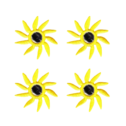 The Laughing Lizards Mirrored Spiral Flower (4-Pack) Iron On Patch features four yellow flower appliques with black centers in a 2x2 grid, perfect for handmade craft decoration or adding flair to your projects.