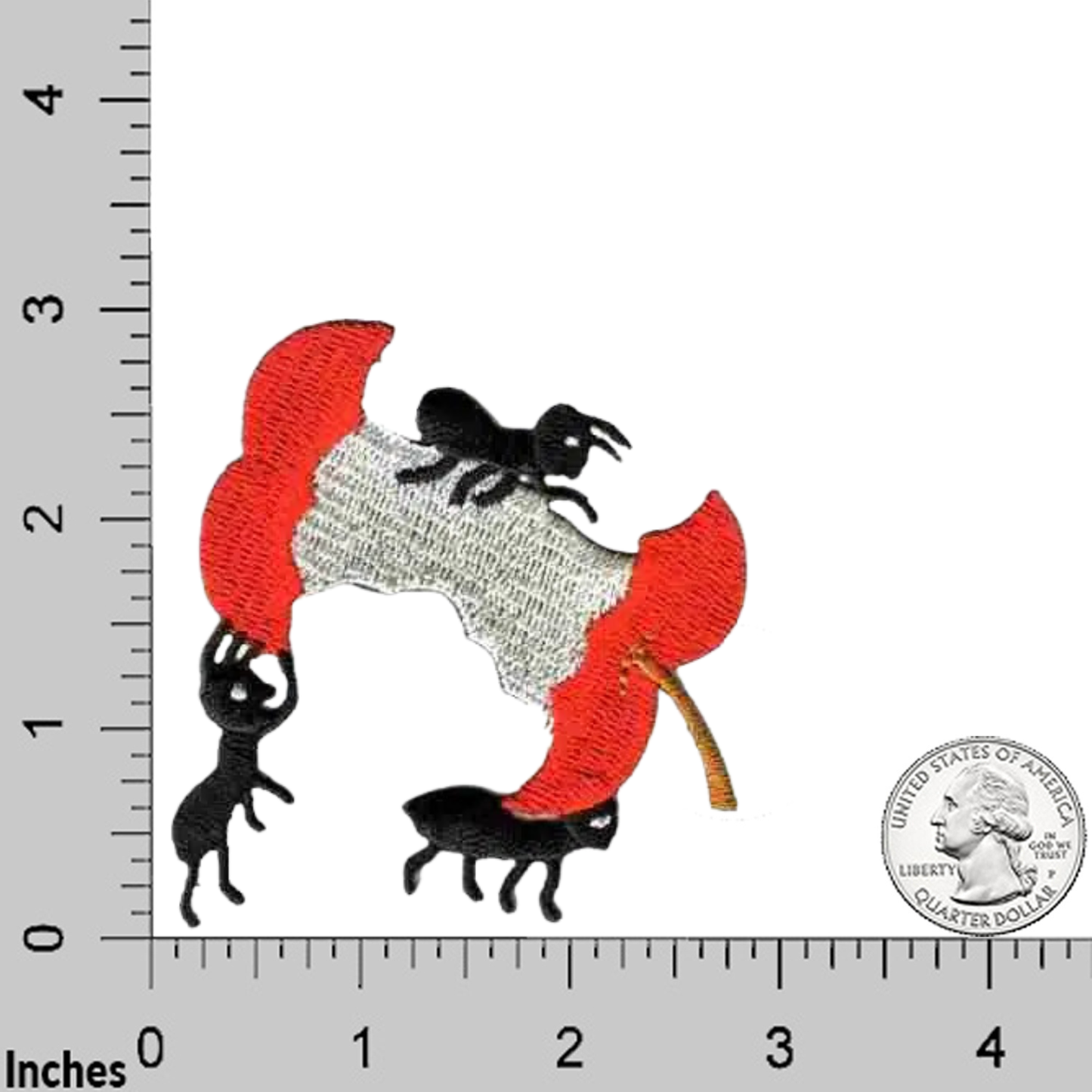 The LaughingLizards Ants with Apple Core Embroidered Iron-on Patch (2-Pack) features three black ants with a red and white apple core, shown next to a U.S. quarter and inch ruler for scale—ideal for DIY crafts.