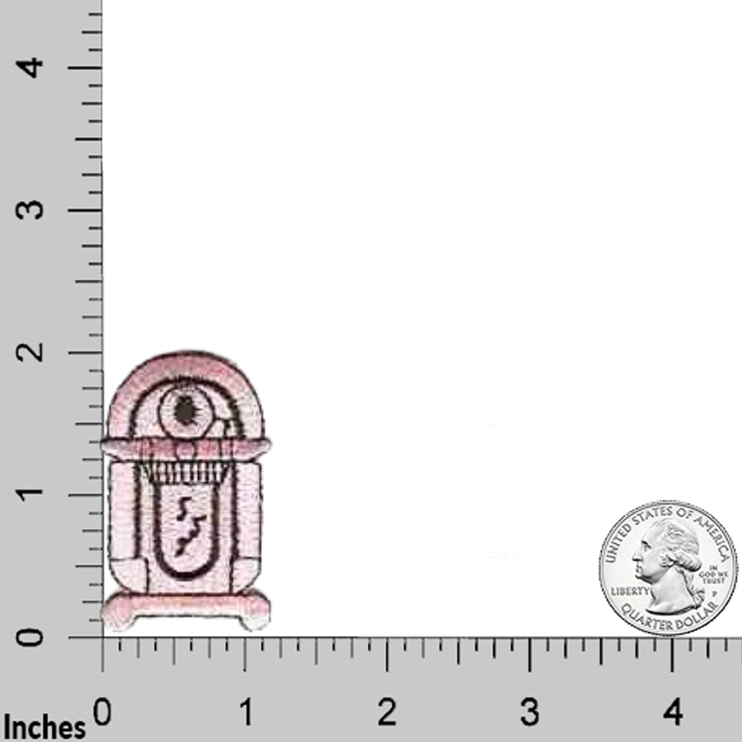 The LaughingLizards Jukebox (3Pack) Iron on Patch in pink measures about 1 inch tall, as shown next to rulers and a U.S. quarter—perfect for your jukebox or rock ‘n roll patch collection.