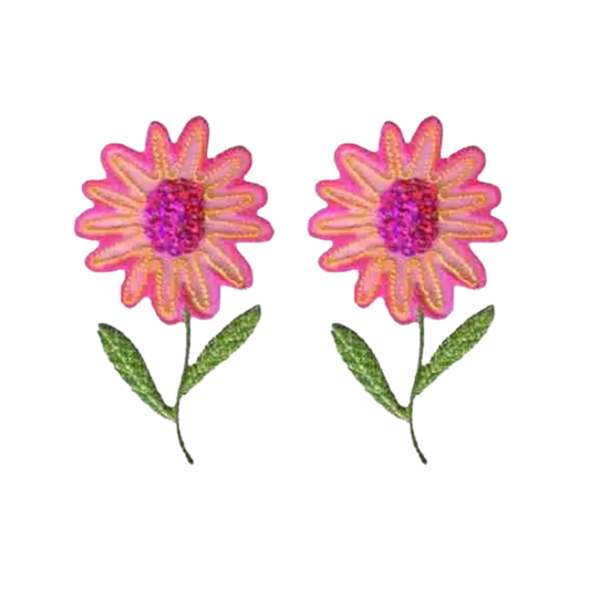 The LaughingLizards Sequin Flower (2-Pack) Iron On Patch in pink features two floral patches with purple centers and green stems, perfect for adding a charming touch to any project.