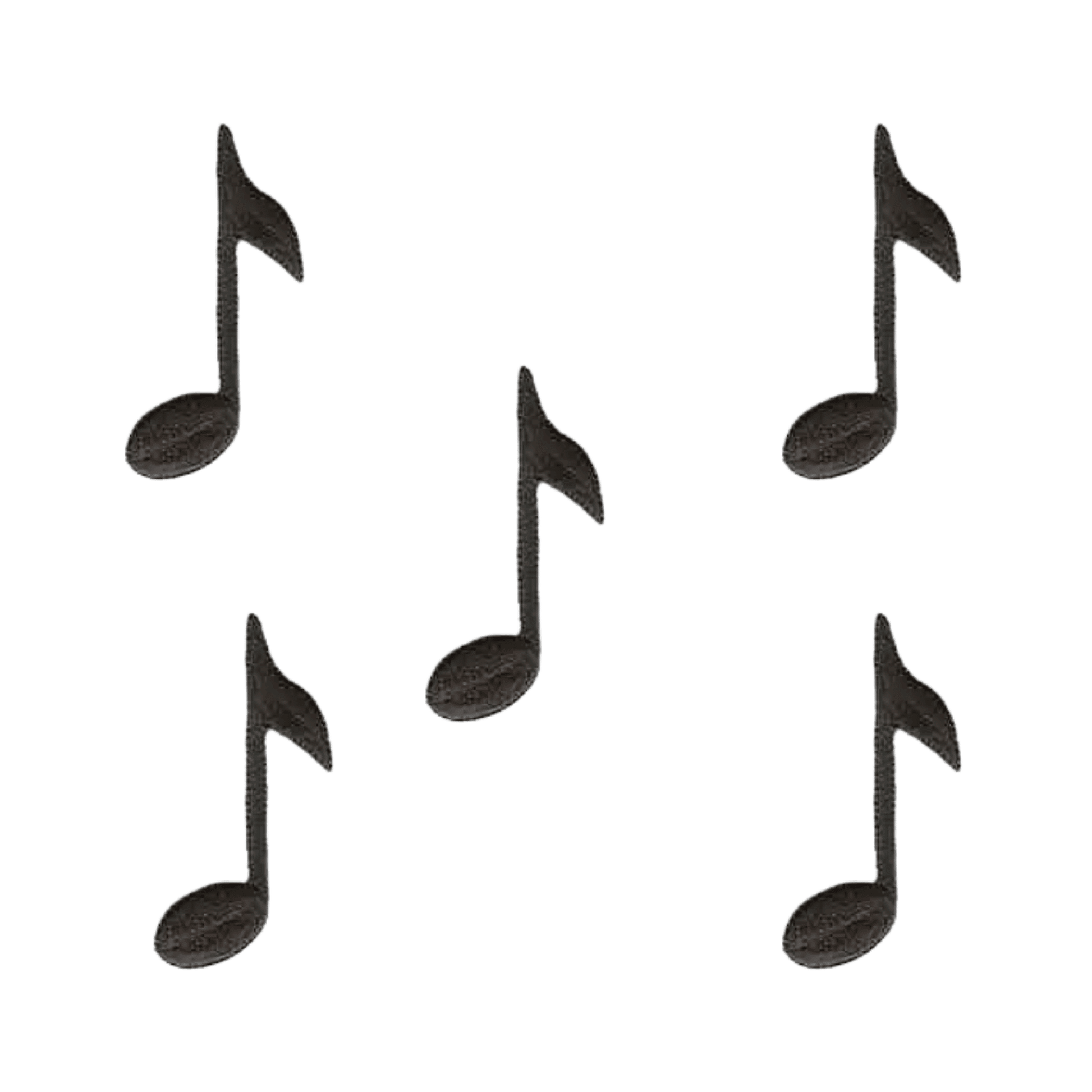 The LaughingLizards Musical Eighth Note Iron On Patch - Large features five black eighth notes on a white background, creating a stylish design ideal for embroidery or applique.