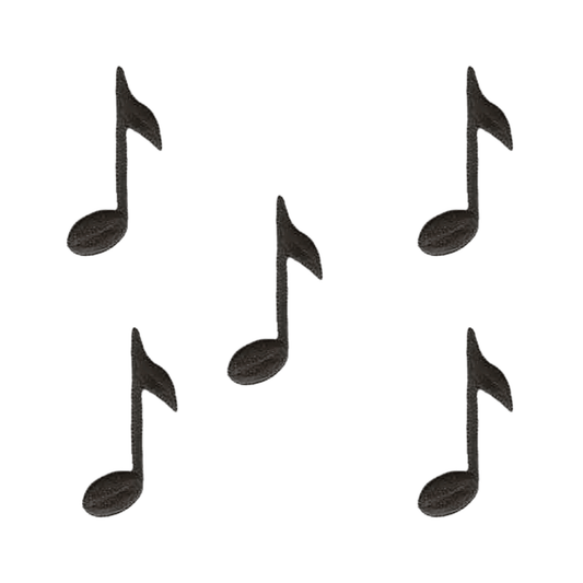 The LaughingLizards Musical Eighth Note Iron On Patch - Large features five black eighth notes on a white background, creating a stylish design ideal for embroidery or applique.