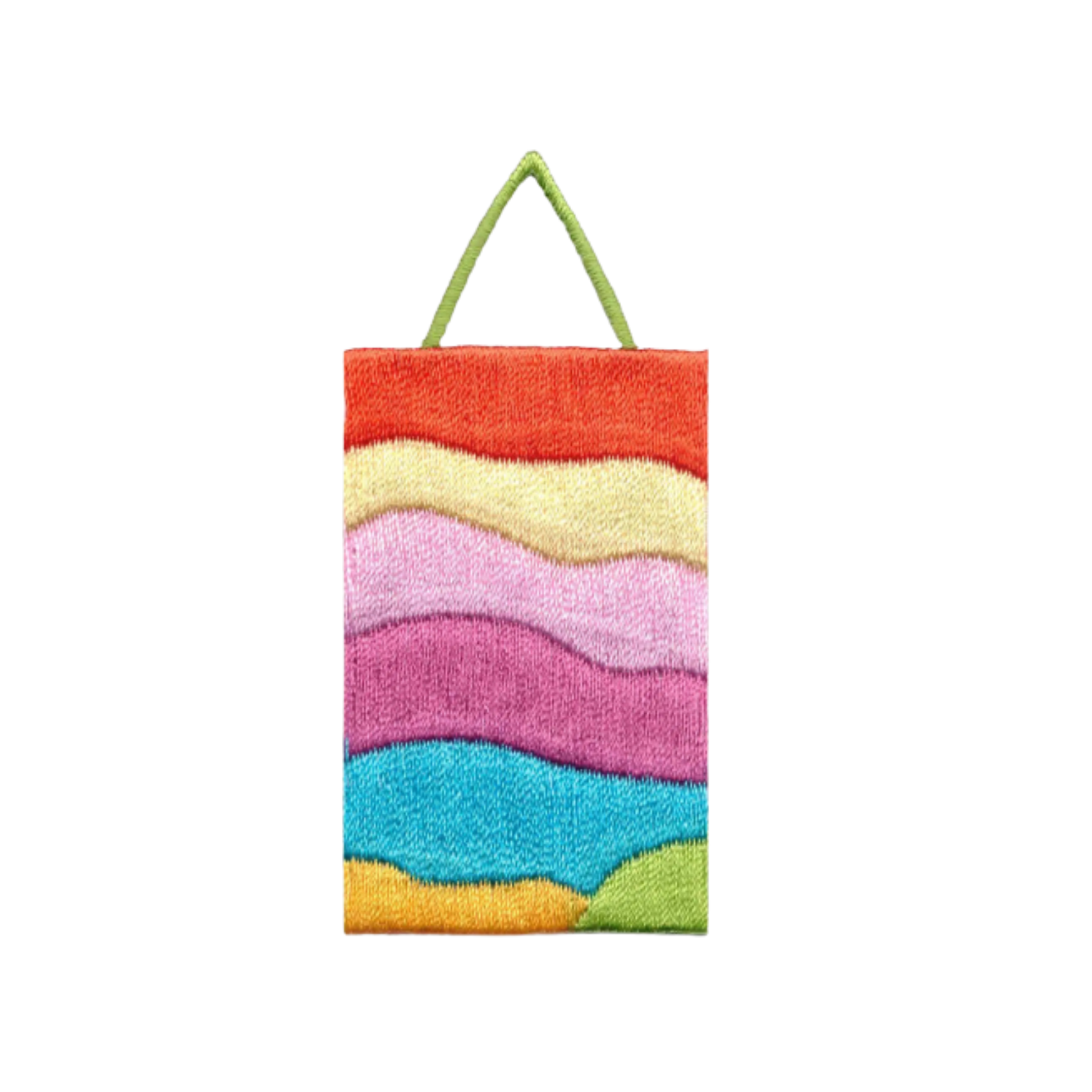 Add a retro touch with the Laughing Lizards 60's Retro Tall Shopping Bag (3-Pack) Iron on Patch—featuring wavy stripes in red, yellow, pink, purple, blue, and green with a green handle, perfect for DIY decor!.