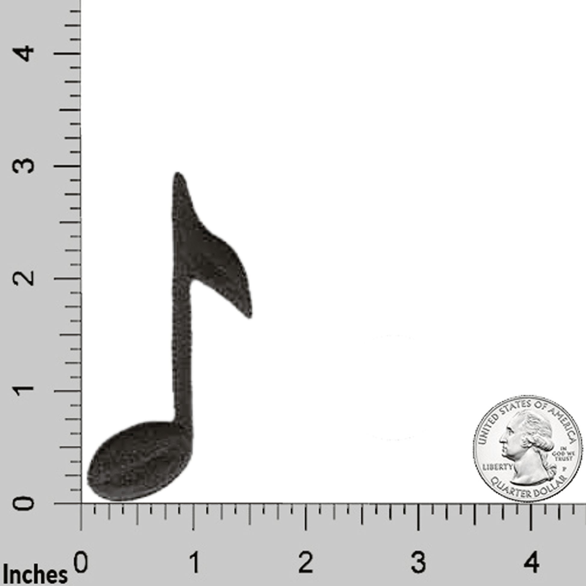 The LaughingLizards Musical Eighth Note Iron On Patch - Large, shown beside a U.S. quarter on a grid with inch marks, measures about 2 inches tall.