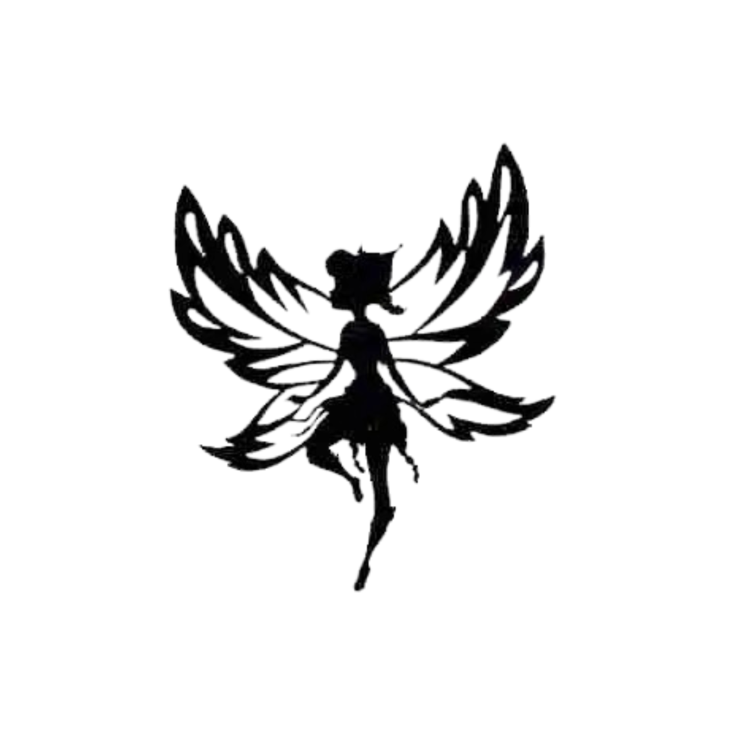 The Disney Fairy Beck Silhouette Cut Out (2-Pack) Iron On Patch by Laughing Lizards features a fairy with detailed wings and a bun, ideal as a DIY craft accessory or whimsical patch for customizing clothes and bags.