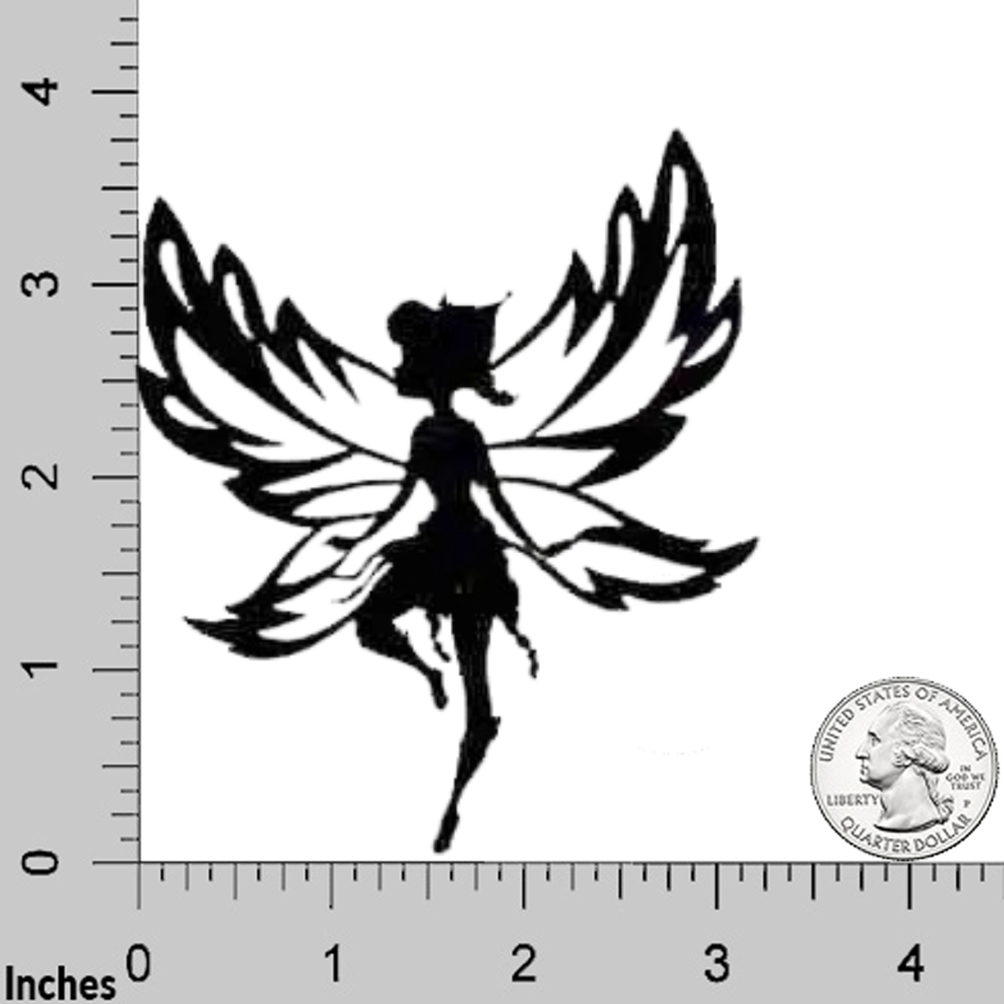 Laughing Lizards Disney Fairy Beck Silhouette Cut Out (2-Pack) iron on patch, shown with ruler and U.S. quarter for size—perfect for DIY craft accessories or as a Disney-themed patch.