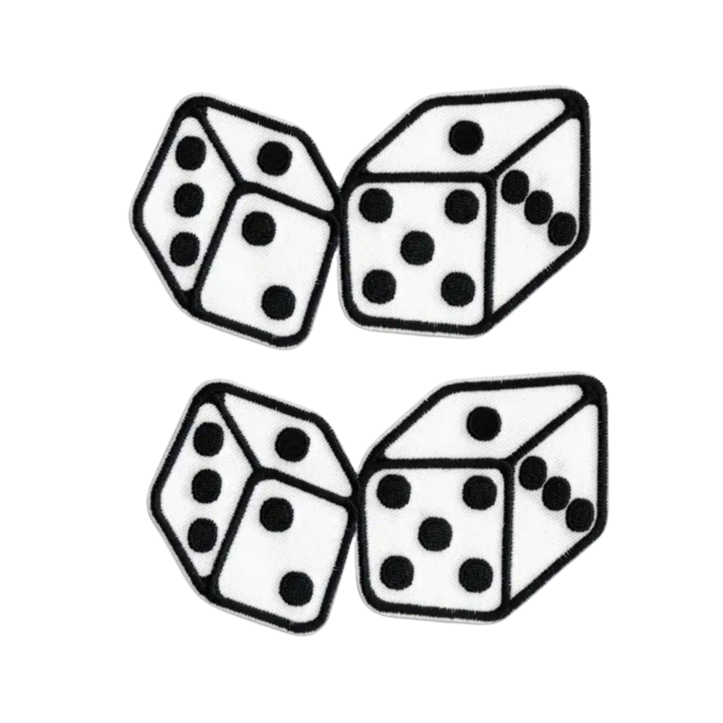 The Laughing Lizards White Large Dice (2-Pack) Iron On Patch features black and white six-sided dice with three and five dots—ideal as a DIY craft accessory or a unique white dice patch for your next project.