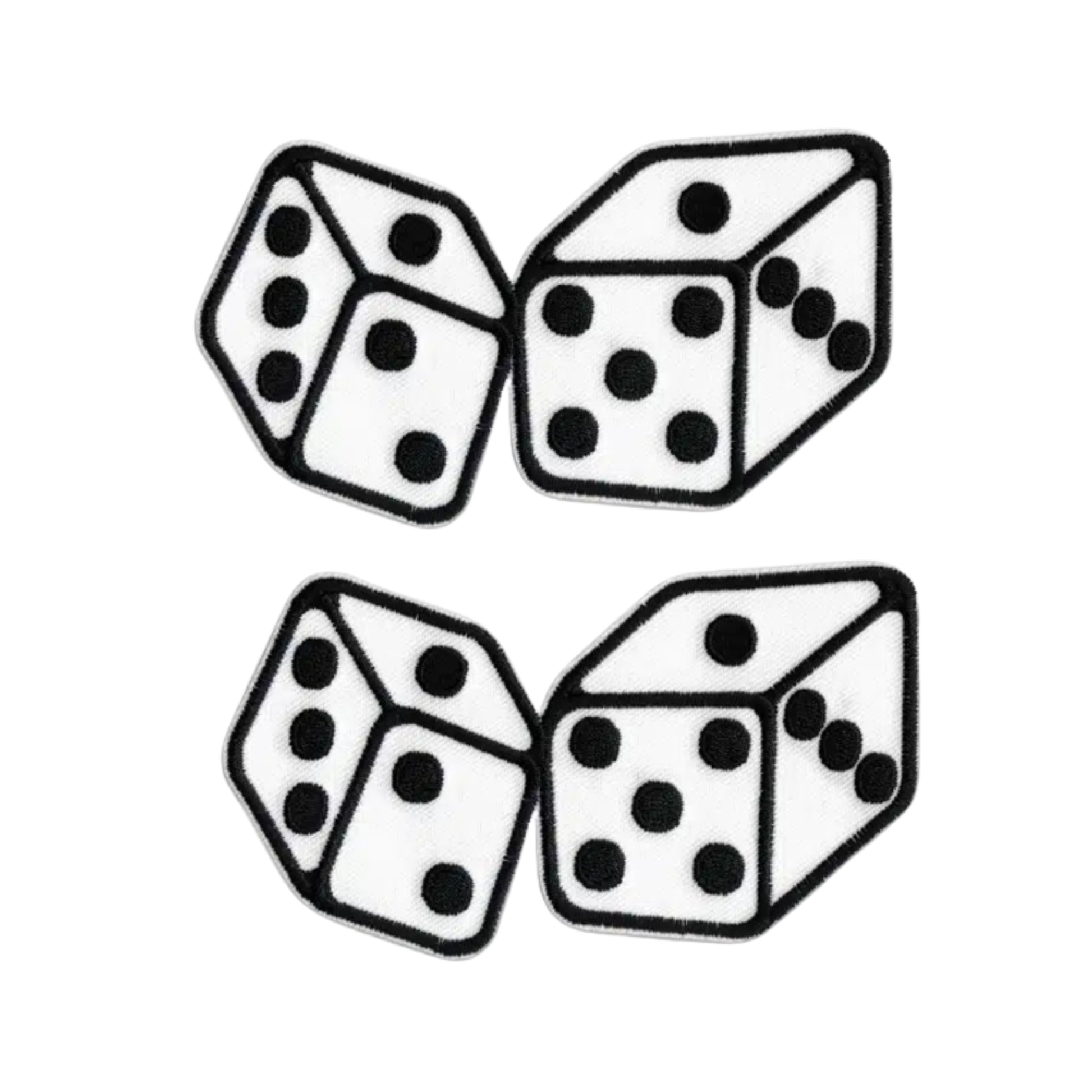 The Laughing Lizards White Large Dice (2-Pack) Iron On Patch features black and white six-sided dice with three and five dots—ideal as a DIY craft accessory or a unique white dice patch for your next project.