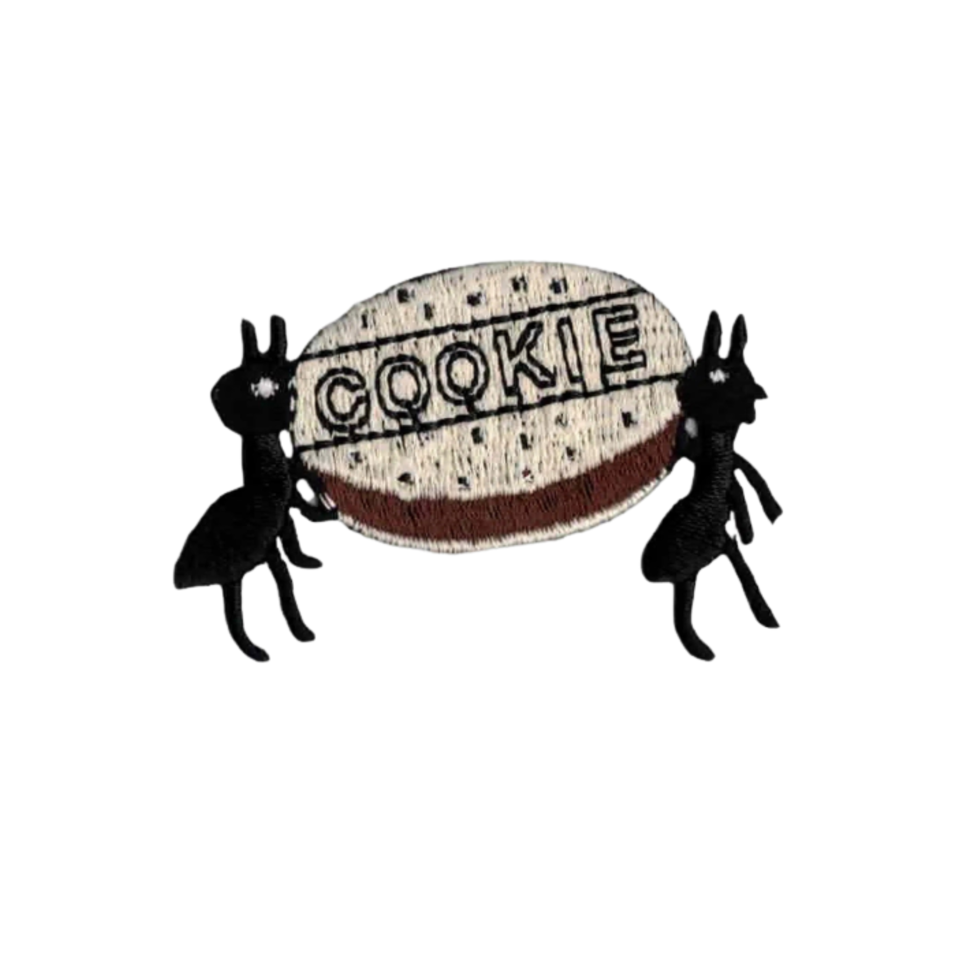 The LaughingLizards Ants with Cookie Insect (2-Pack) Iron On Patch features two black ants carrying a "COOKIE" against a white background—an ideal embroidered applique for DIY crafts.