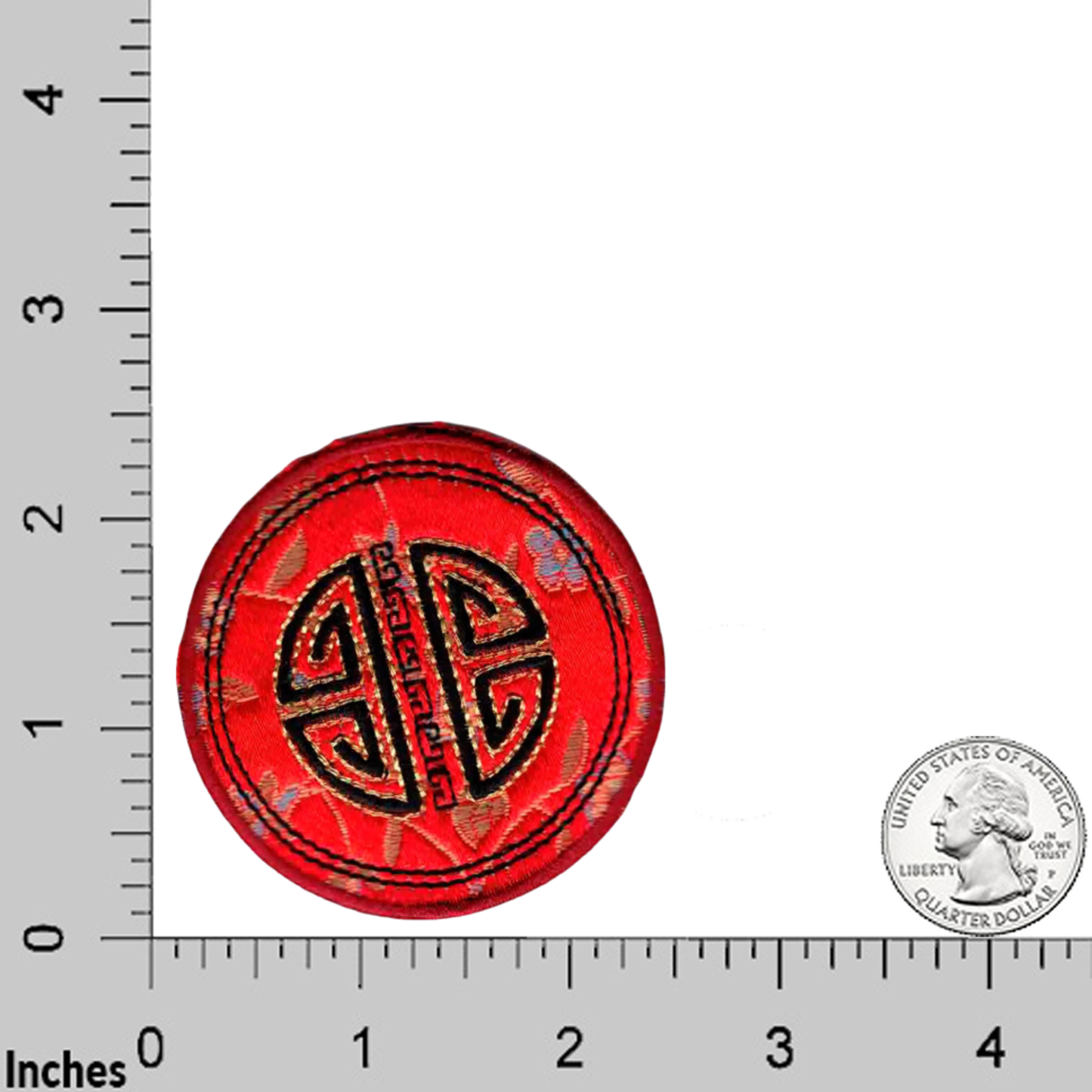 The Laughing Lizards Chinese Emblem "Longevity" Round Embroidered in Satin Iron On Patch (3-Pack) features a red satin base with a black and gold geometric design, shown beside a U.S. quarter and ruler for size reference.
