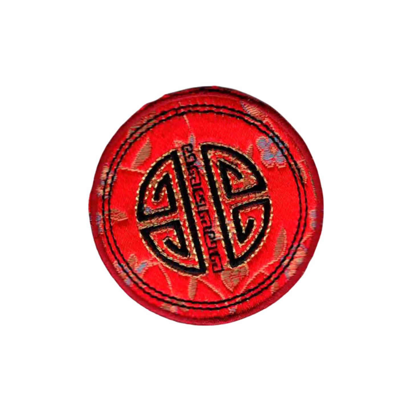 Laughing Lizards Chinese Emblem "Longevity" Round Embroidered in Satin (3-Pack) Iron On Patch features a black and gold traditional Chinese longevity symbol on a red background with subtle floral designs.
