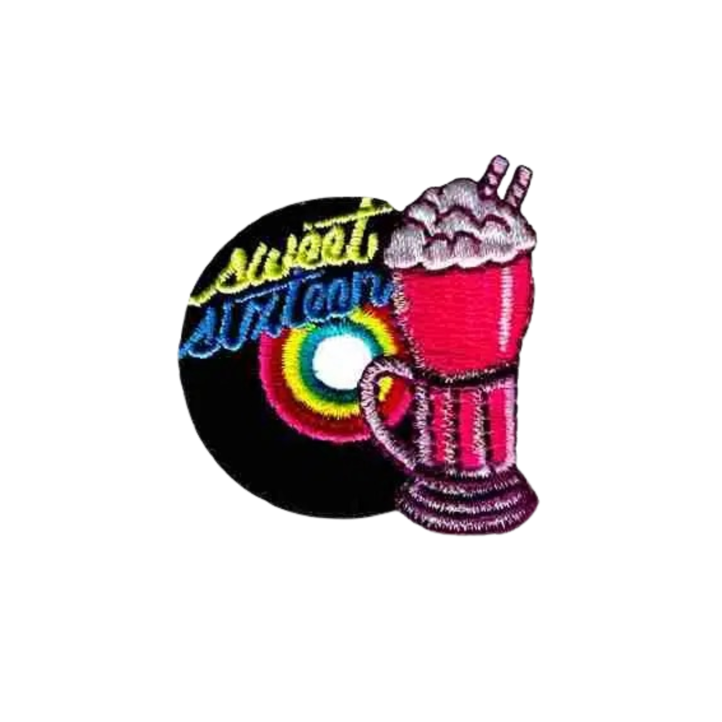 The Laughing Lizards Sweet Sixteen Iron On 50's (3-Pack) patches feature a vinyl record and pink soda float, perfect for adding retro charm to jackets, bags, or gifts in your 50s or 60s DIY craft projects.